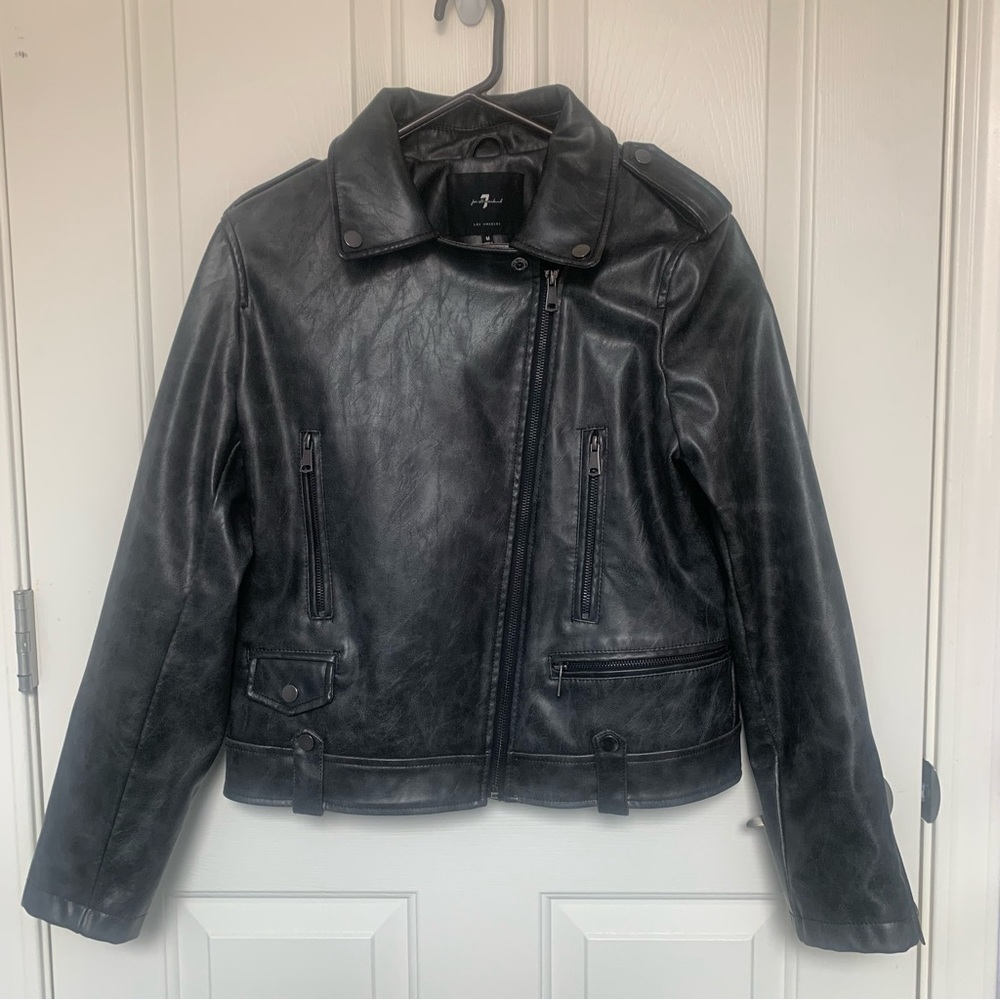 7 for all Mankind Faux Leather Vegan Moto biker jacket black zip goth Medium